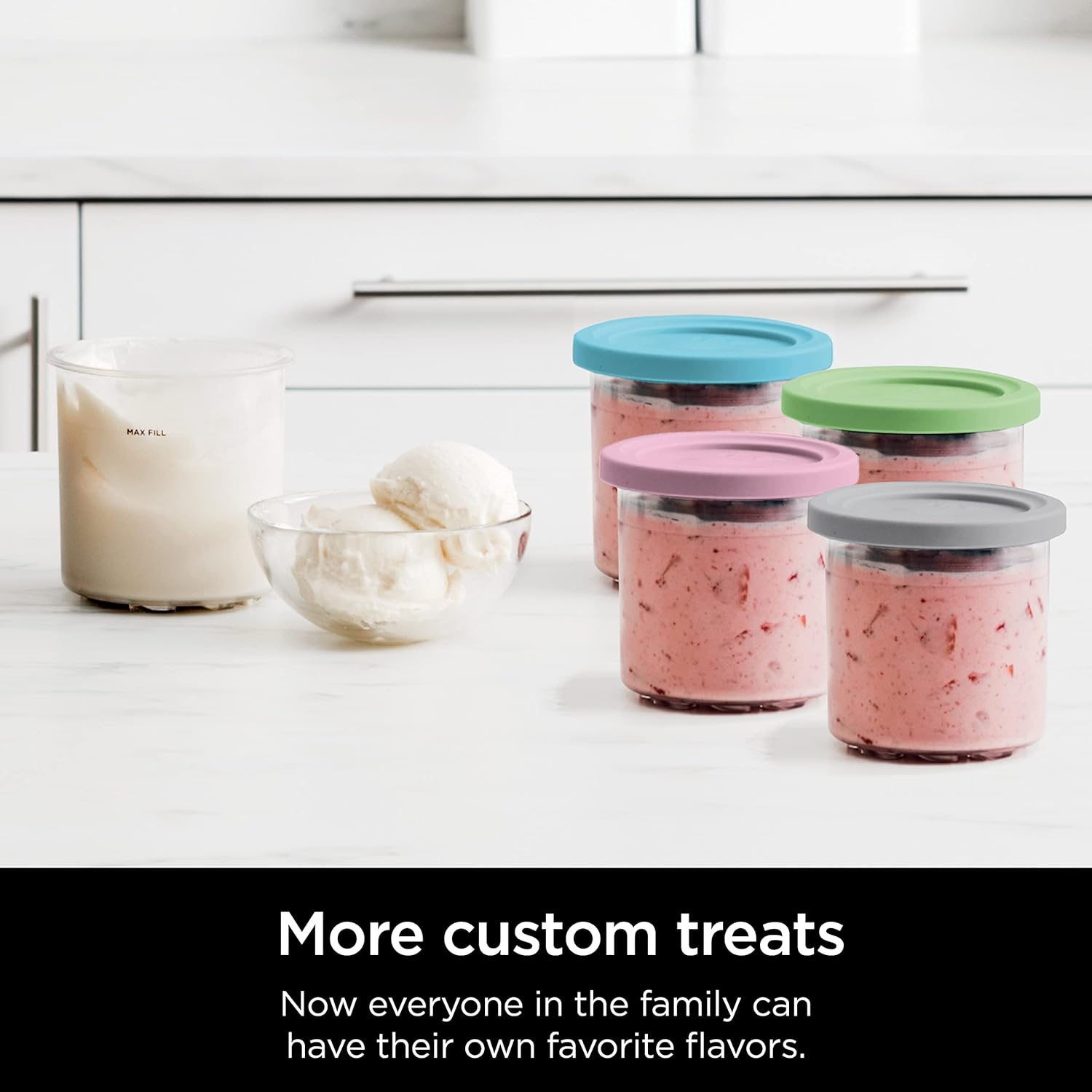 Ninja CREAMi Original Pints 4 Pack, Compatible with NC299AMZ and NC300s Series Ice Cream Makers, BPA-Free and Dishwasher Safe, Color Lids, 1 Pint Each, Clear, Grey, Lime, Pink, Aqua, XSKPLD4BCD