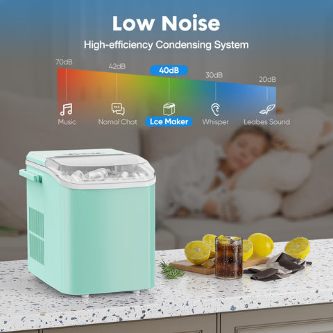 DUMOS Ice Maker Countertop Ice Machine Compact Size with Handle, 26lbs in 24Hrs, 9 Bullet Ice Cubes in 6 Mins, Self-Cleaning Function, Portable for Home, Kitchen, RV, Camping, Quiet Operation,Green