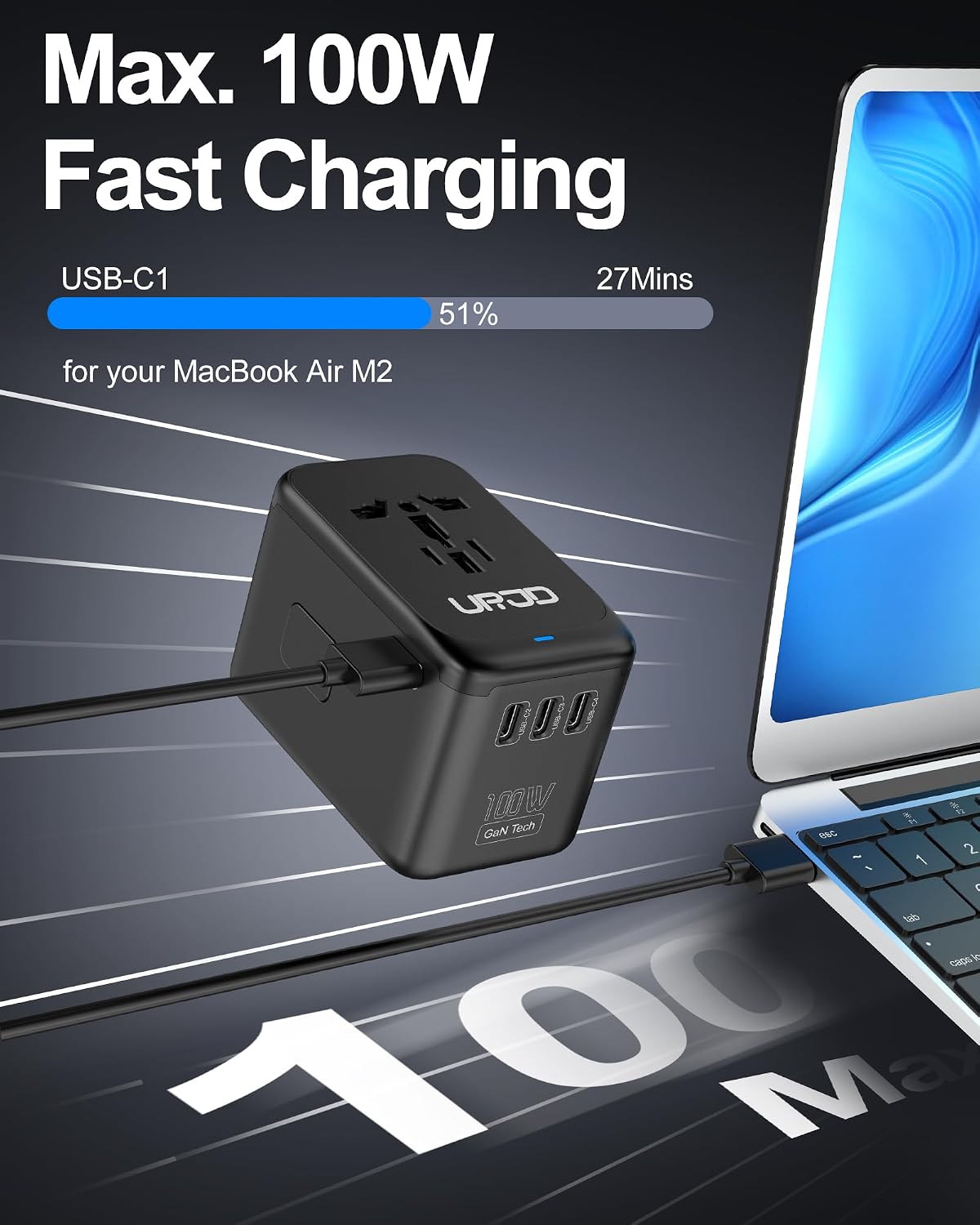 Universal Travel Adapter 100W GaN Fast Charger in One for Europe UK US