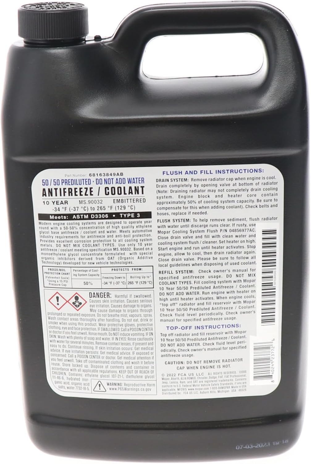 Mopar 68163849AB 10 Year/150,000 Mile Coolant 50/50 Premixed - Embittered, 1 Gallon