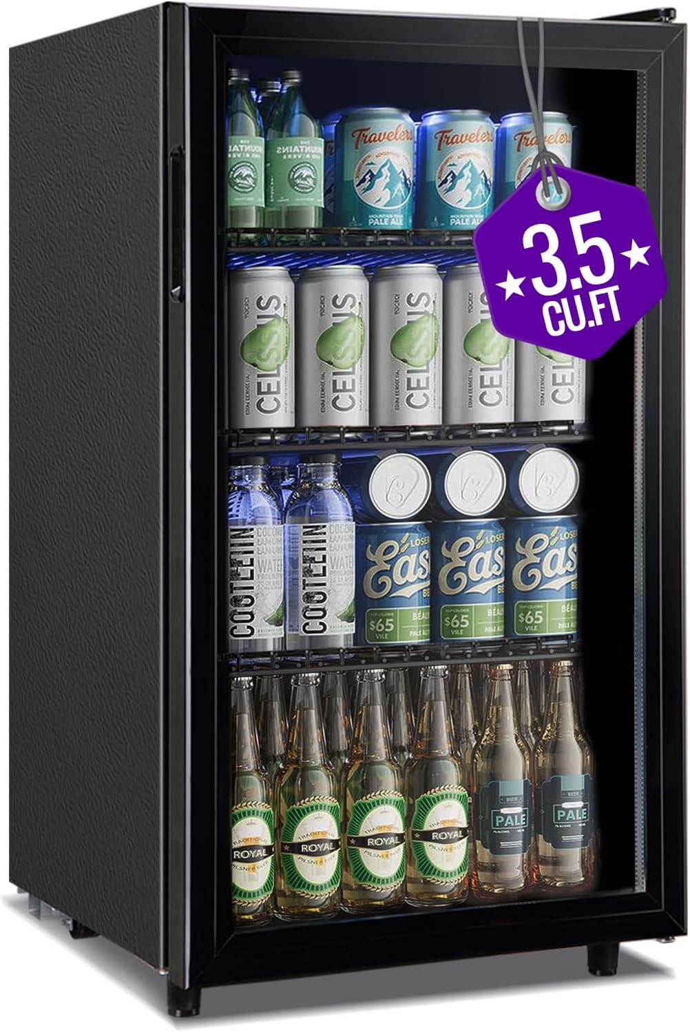 WANAI 3.5 Cu.ft Beverage Refrigerator Cooler, Mini Fridge with Glass Door for Beer Soda or Water, Small Drink Cooler Machine Clear Front Removable Shelves perfect for Home, Bar, Office