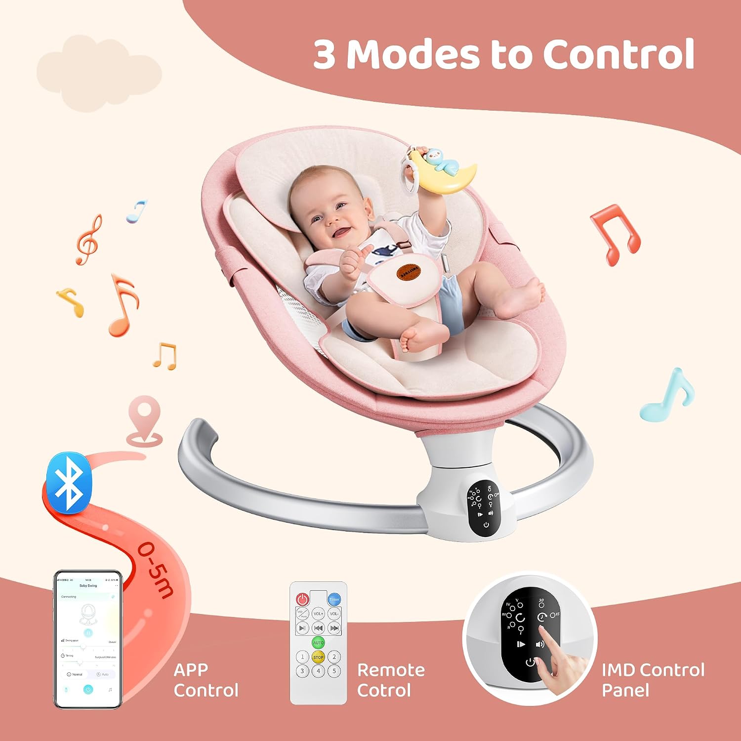 Baby Swing for Infants - Electric Baby Rocker with Exclusive App Function, Upgraded 5 Point Harness, Bluetooth Support, 10 Preset Lullabies and 5 Speeds, Portable Swing for Baby Boy Girl（Pink）