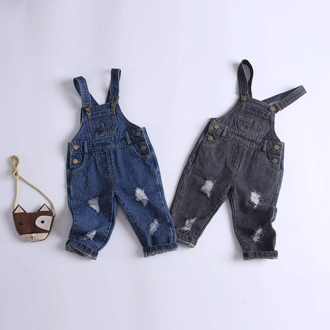 KIDSCOOL Toddler Baby Denim Overalls Ripped Holes Jean Bib Romper Jumpsuit