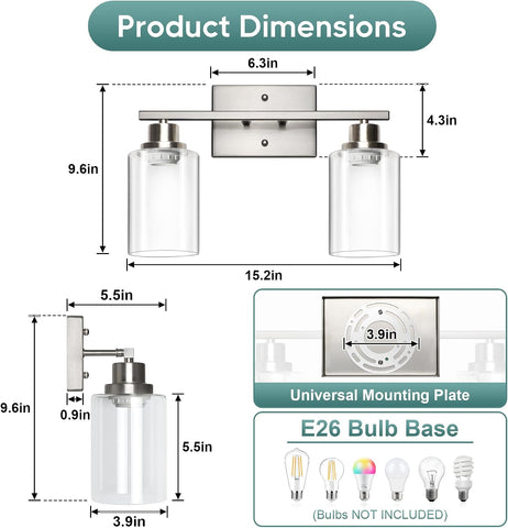 Ascher Bathroom Light Fixtures, 2-Light Vanity Light Over Mirror, Brushed Nickel Wall Sconces with Clear Glass Shades, Wall Lamp for Living Room Bedroom, E26 Base(Bulbs Not Included)