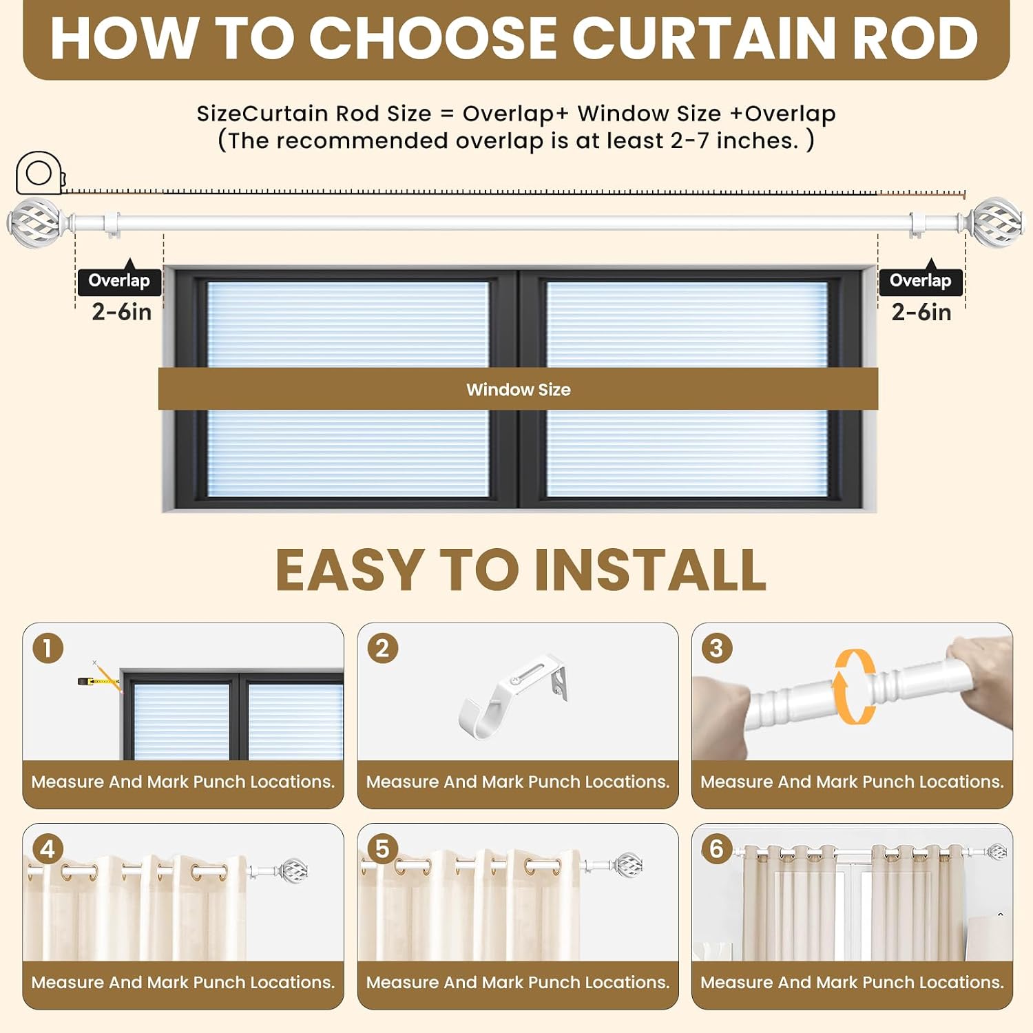 Luvenia White Decorative Curtain Rod,Adjustable Curtain Rods For Windows 30 to 88 Inch(2.5-7.3Ft),Long Outdoor Curtain Rod For Patio, Bedroom, Living Room,Kitchen,Farmhouse
