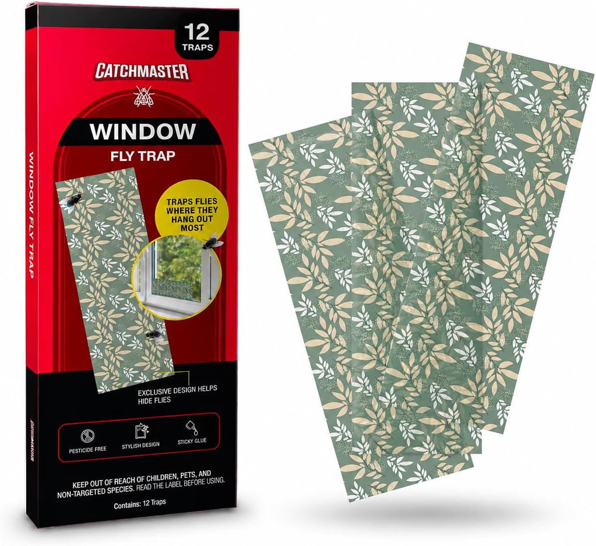 Catchmaster Window Fly Traps 12-Pack, Designed to Disguise House & Fruit Fly, Gnats, Adhesive Strips for Indoor, Disposable Bug Catcher, Insect Sticky Glue Traps, Pest Control for Home & Kitchen
