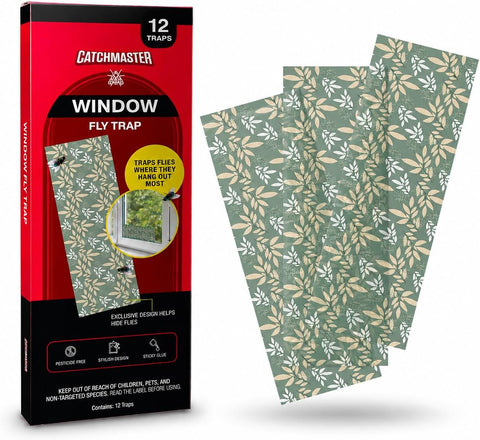 Catchmaster Window Fly Traps 12-Pack, Designed to Disguise House & Fruit Fly, Gnats, Adhesive Strips for Indoor, Disposable Bug Catcher, Insect Sticky Glue Traps, Pest Control for Home & Kitchen