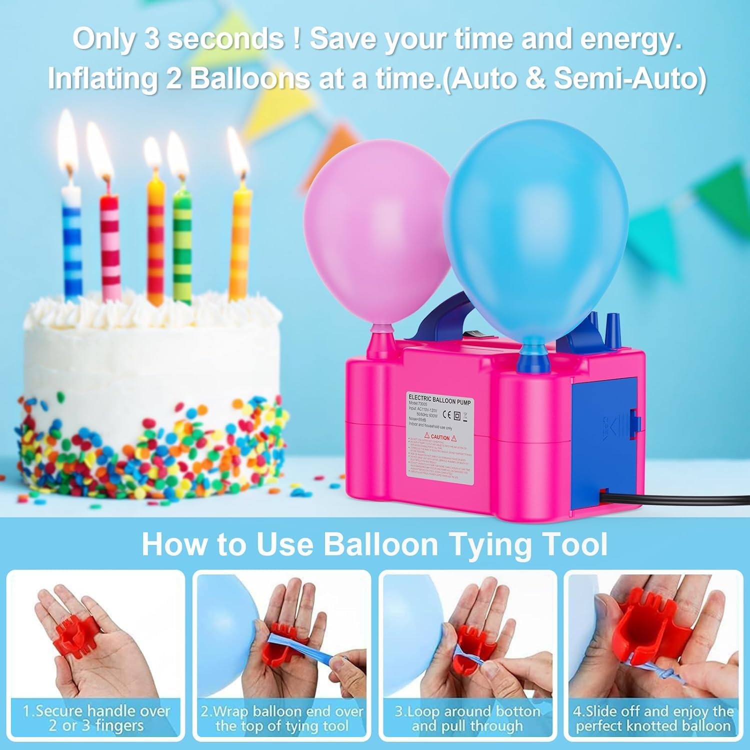 Electric Balloon Pump with Dual Nozzle & 2 Tying Tools