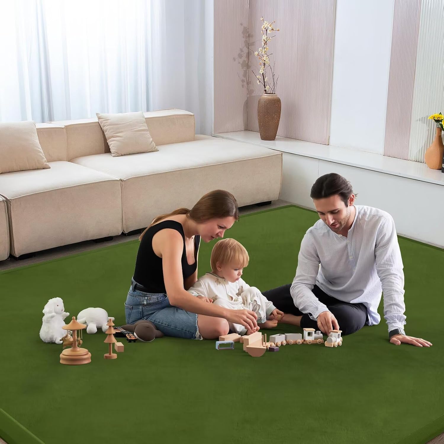 Baby Play Mat for Floor Nursery Muscle Area Rug Playroom Rug 47"x47" Elastic Foam 1.3" Thick Crawling Mat for Babies,Toddlers, Infants,Kids(Moss Green)