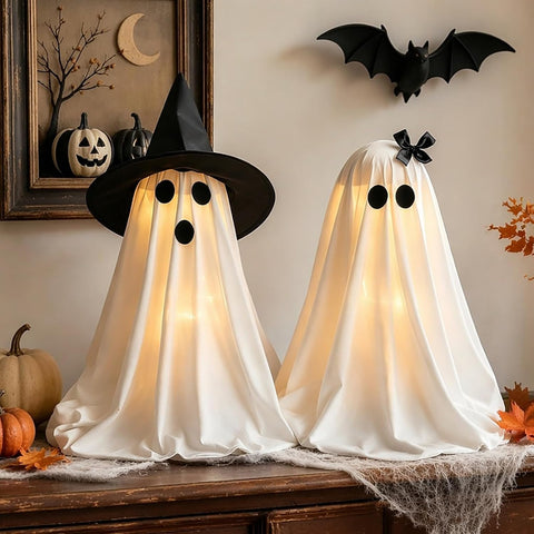 Halloween Decorations Light-Up Ghosts with Witch Hats, Indoor Ghost Decor