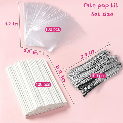 Basquei Cake Pop Sticks 6 Inches, Cake Pop Bags (3.9"X4.7"), Silver Metallic Twist Ties, 300 Pcs Cake Pop Kit Used for, Lollipops Cake, Candies, Chocolates Making Tools