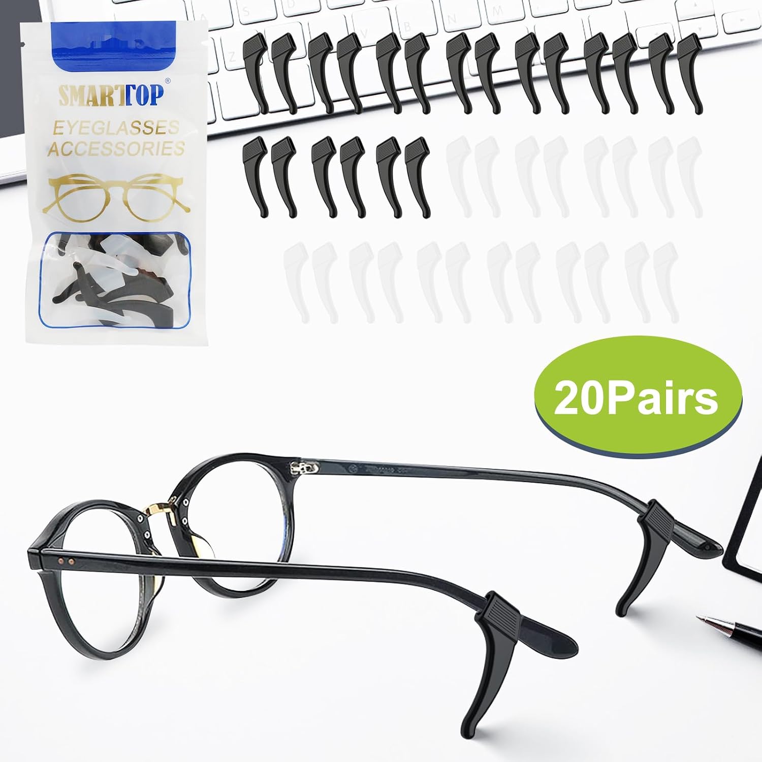 SMARTTOP 20 Pairs Anti-Slip Eyeglass Ear Grips Hook, Comfortable Silicone Elastic Eyeglasses Temple Tips Sleeve Holder-For Eyeglasses Sunglasses Spectacles Glasses Reading (10 Black&10 Clear)