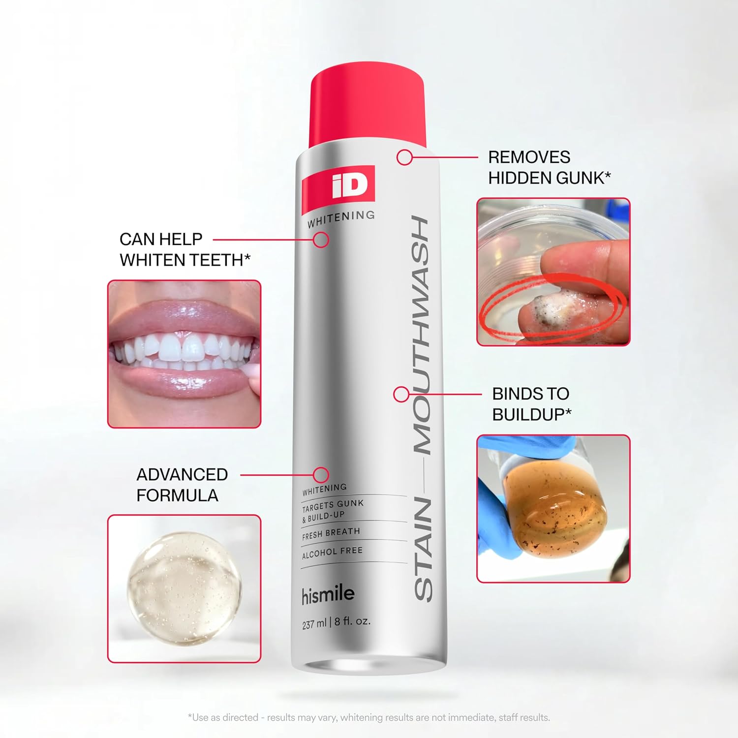 Hismile iD Stain Whitening Mouthwash, Gunk Removing Mouthwash for Fresh Breath, Hydrogen Peroxide Mouthwash to Promote Whiter Teeth, Peroxide Rinse with Essential Oils 237ml
