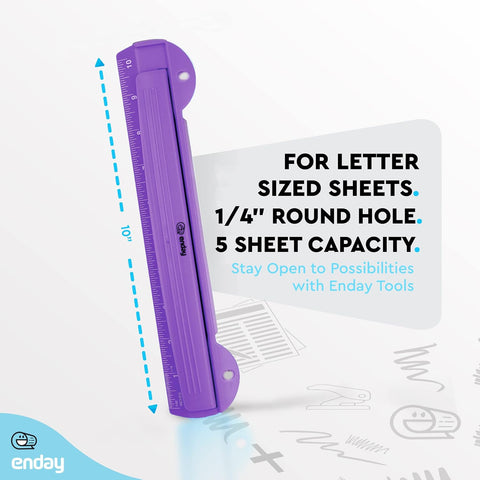 3 Hole Punch Purple, Portable Hole Puncher for 3 Ring Binder, 3 Sheets Capacity, Removable Chip Tray, 10” Ruler for School, Office, Also Available in Pink, Blue, Green, Red, Grey, 1 Pc-by Enday