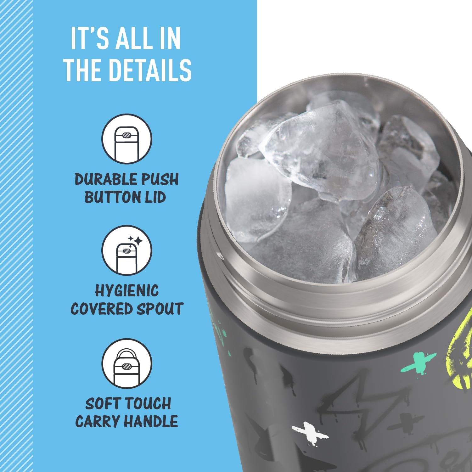THERMOS FUNTAINER Water Bottle with Spout, 16oz, Graffiti Boy