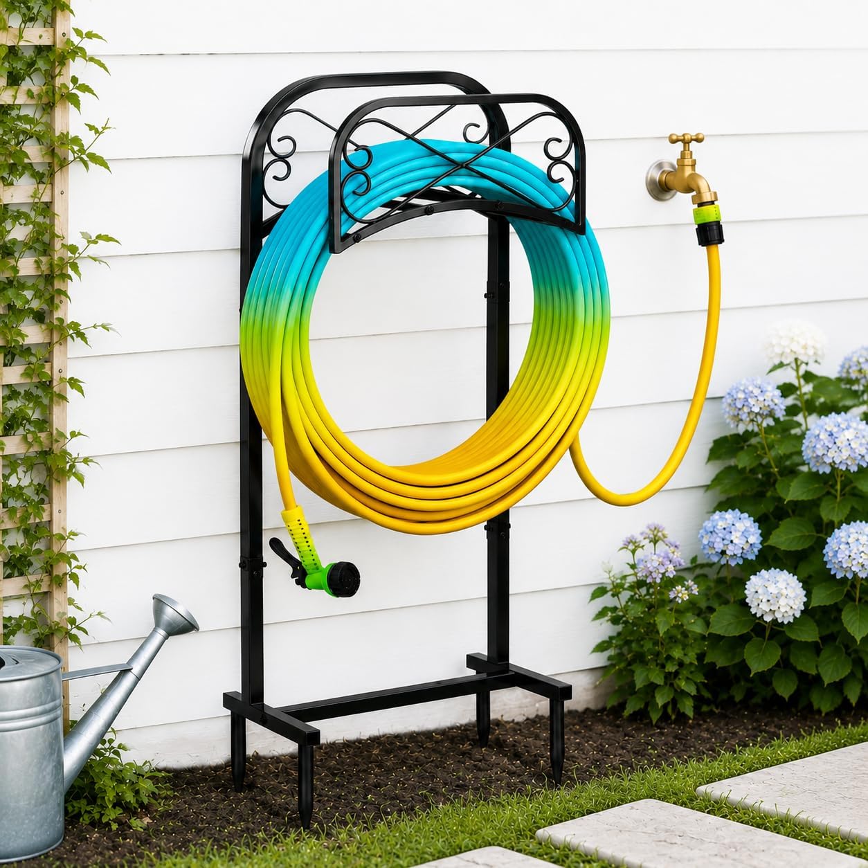 Gtongoko Garden Hose Holder for Outside 43" Heavy Duty Freestanding Water Hose Holder with 4 Stable Spikes Metal Hose Stand Holds Up to 150FT Hose & 44LB Detachable Hose Storage for Yard Lawn Patio
