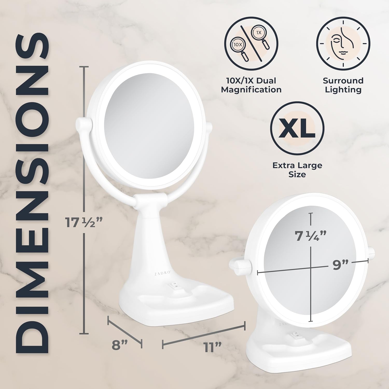 Zadro 11" Fluorescent Lighted Makeup Mirror with 10X/1X Magnification and Tray