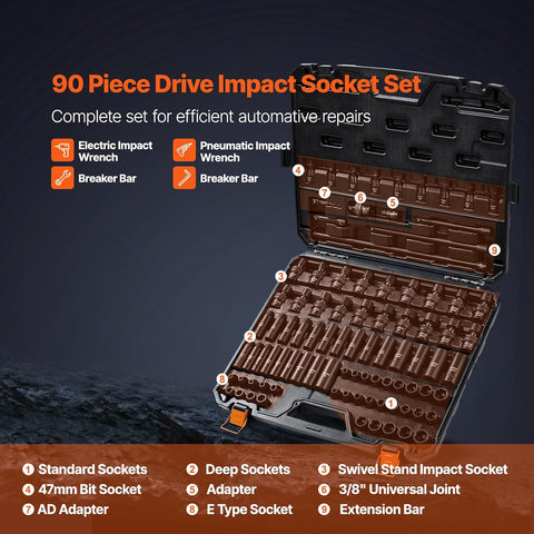 VEVOR Impact Socket Set 3/8" Drive, 90 PCS, CR-MO, SAE 1/4"-3/4" Metric 6-19mm, with Shallow & Deep Sockets, Swivel & E-Torx & Bit socket Sockets, Extension Bars, Adapters, Universal Joint