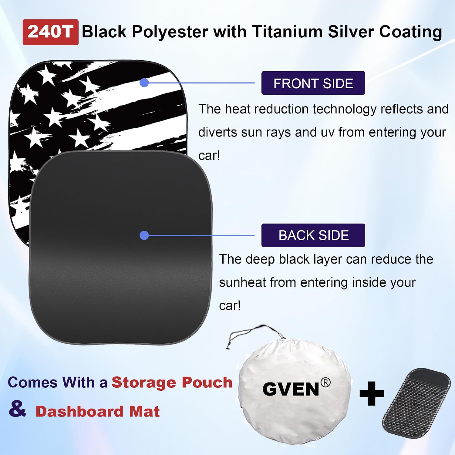 Gven Windshield Sun Shade for Car 2-Piece Foldable Sunshade for Front Windows, Blocks UV Rays, Automotive Interior Sun Protection Car Summer Accessories（US Flag,S）