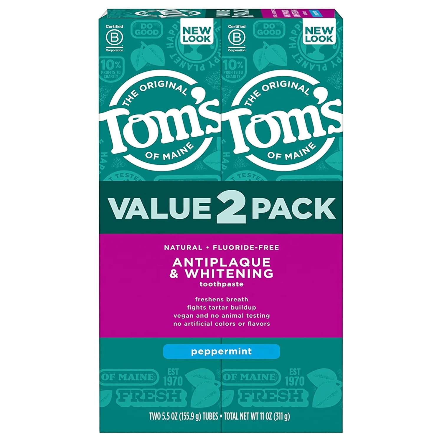 Tom's of Maine Antiplaque and Whitening Toothpaste, Peppermint, 2Pk, 5.5 oz