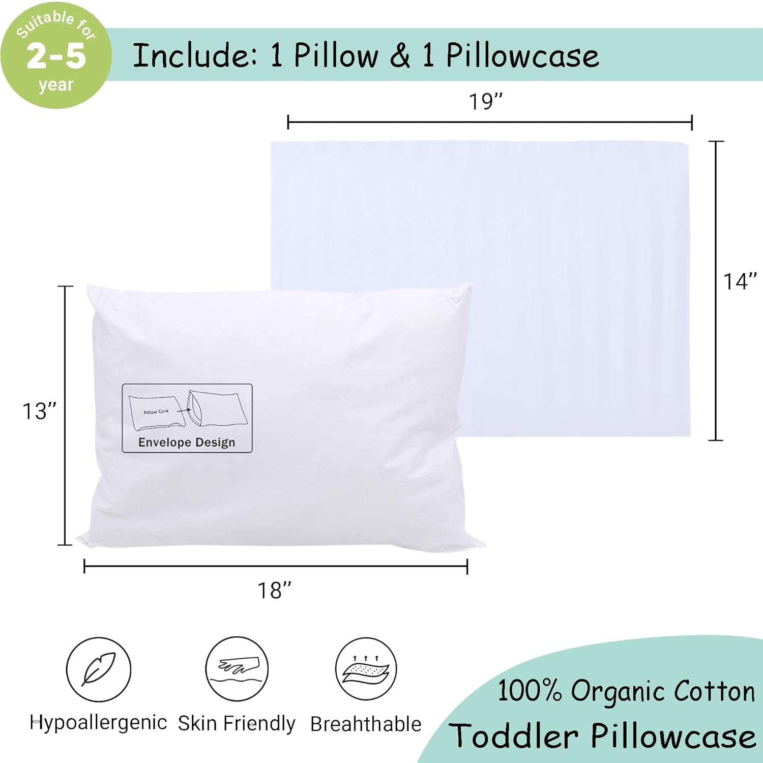 ZPECC Toddler Pillow with Pillowcase - 13x18 Organic Cotton Hypoallergenic Kids Pillow, Baby Essentials for Travel Crib Daycare Stroller (Intended for Age 2 and up) White Stripe
