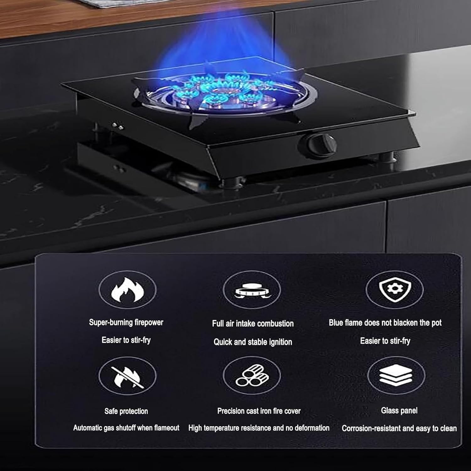 Indoor Portable Gas Stove - Single Burner Gas Hob Table Top, Electronic Ignition Multi-level Adjustment Gas Ranges, Tempered Glass Camping Stove, for Caravan Black Freestanding Cooktop Outdoor(A-3.6KW