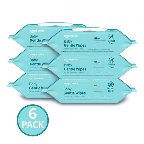 Amazon Basics Gentle Baby Wipes, Formulated Without Fragrance, Hypoallergenic, 600 Count Total (6 Packs of 100 Count Each)
