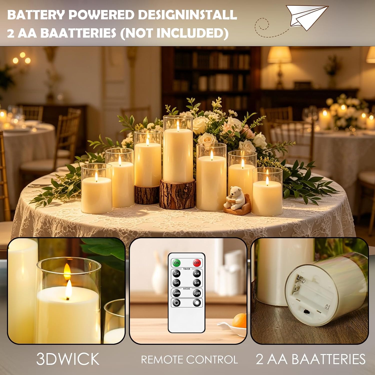 kakoya Flickering Flameless Candles Battery Operated with Remote and 2/4/6/8 H Timer Acrylic Led Pillar Candles Pack of 9 (D 3" xH 4" 5" 6") with Realistic 3D Wick Candles for Home Decor(Ivory)