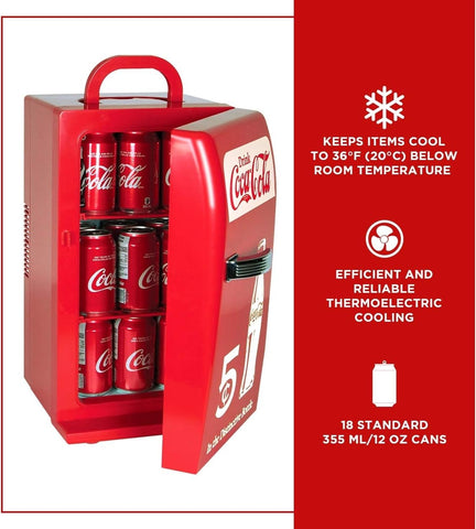 Coca Cola Mini Fridge - 18 Can Refrigerator for Bedroom Office, Portable Table Top Beverage Cooler, 12V 110V Refrigerador For Drink, Soda, Wine, Use In Car, Dorm, Outdoor, Patio