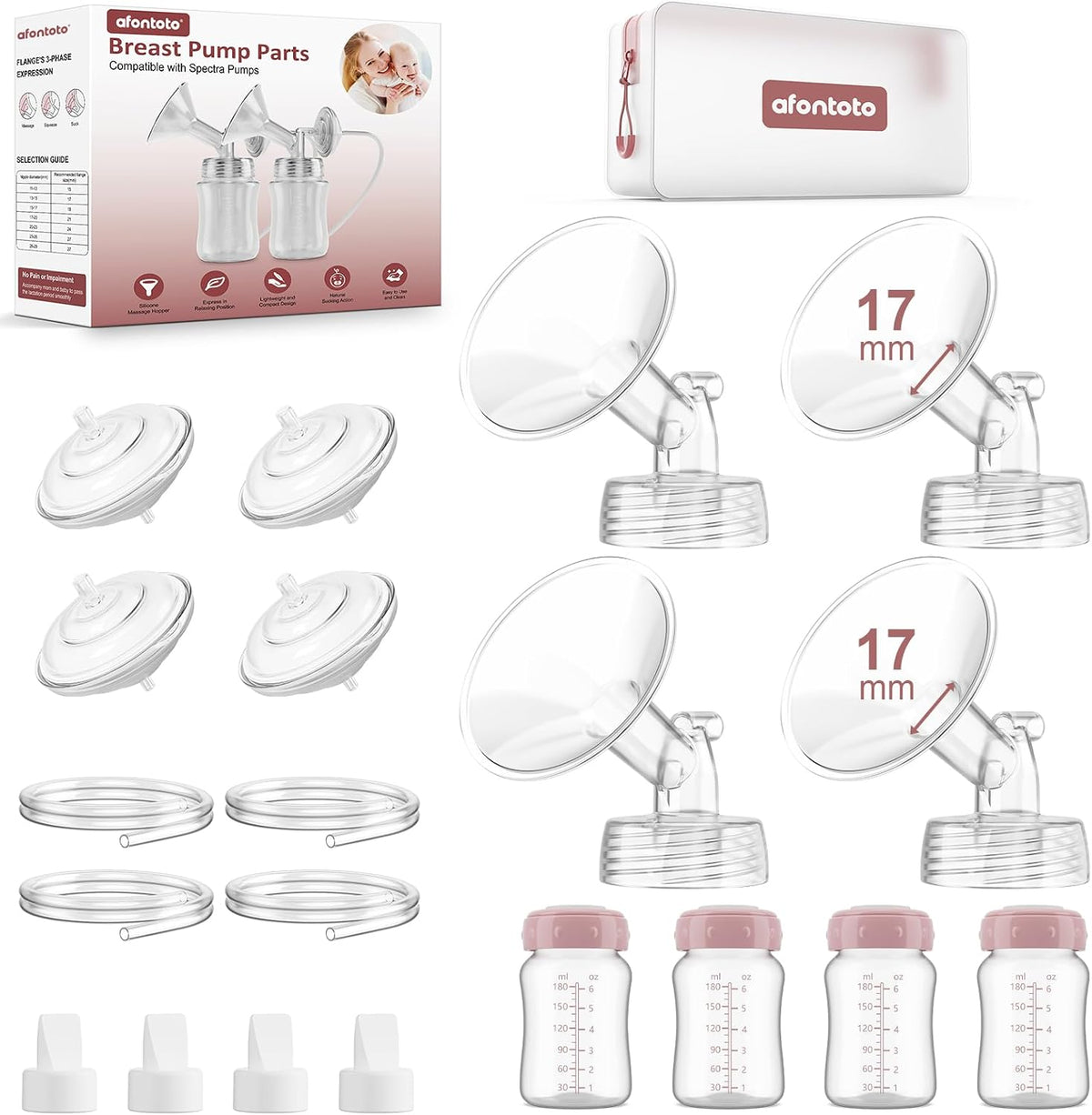 Pump Parts Compatible with Spectra S1/S2/9 Plus Breastpump, 4 Set Replacement Parts for Spectra Include 17mm Flange,Duckbill Valve,Backflow Protector,Tube,Bottle, Not Original Accessories