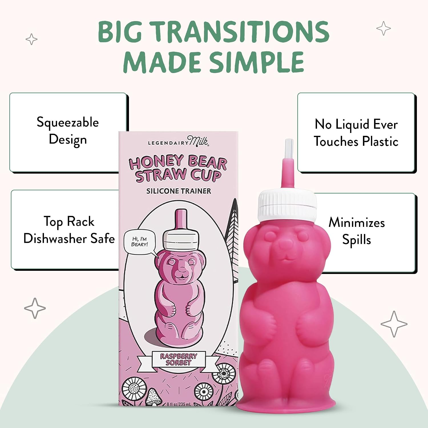 Legendairy Milk Honey Bear Straw Cup for Baby & Toddler, Silicone Squeeze Training Straw Cup, Leak Resistant Baby Sippy Cup with Straw, BPA Free, Dishwasher Safe, Bottle Transition, 8 oz, Pink