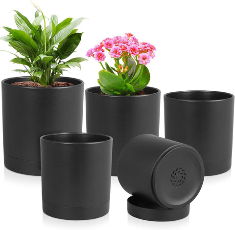 Meowell 7/6.5/6/5/4 inch Plant Pots for Small Indoor Outdoor Plants, 5 Pack Cylinder Flower Pots with Drainage Holes and Saucers, Plastic Planters for Garden Succulent House Plants, Black