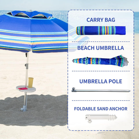 AMMSUN 7ft Heavy Duty High Wind Beach Umbrella Parasols with Sand Anchor Vent Tilt UPF 50+ Sun Protection Portable Outdoor Sunshade Umbrellas Carry Bag for Patio Garden Pool Backyard Blue