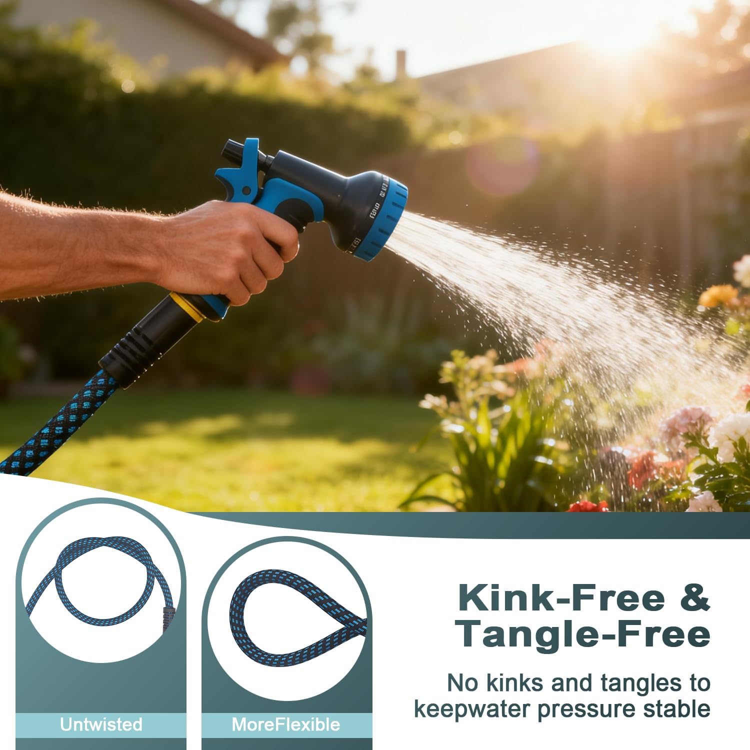Garden Hose 50ft, Non-Expanding Water Hose Ultra Lightweight, Kink-Free Flexible Hose with 10-Pattern Nozzle, Durable & Abrasion Resistant Outdoor Hose for Yard, Lawn, Marine, RV, and Car Wash (50 FT)