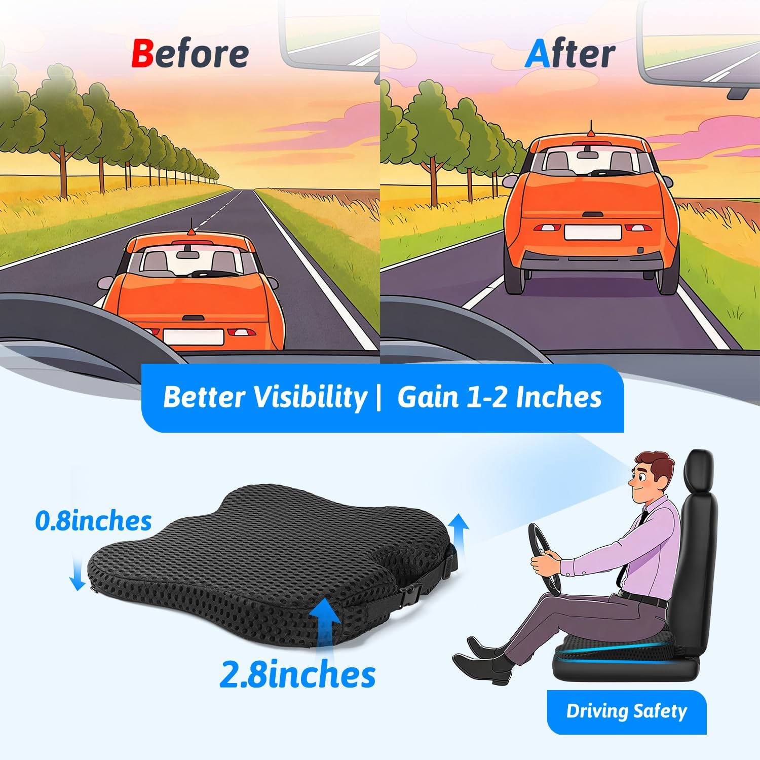 Wedge Car Seat Cushion for Driving for Better Visibility & Sciatica Relief