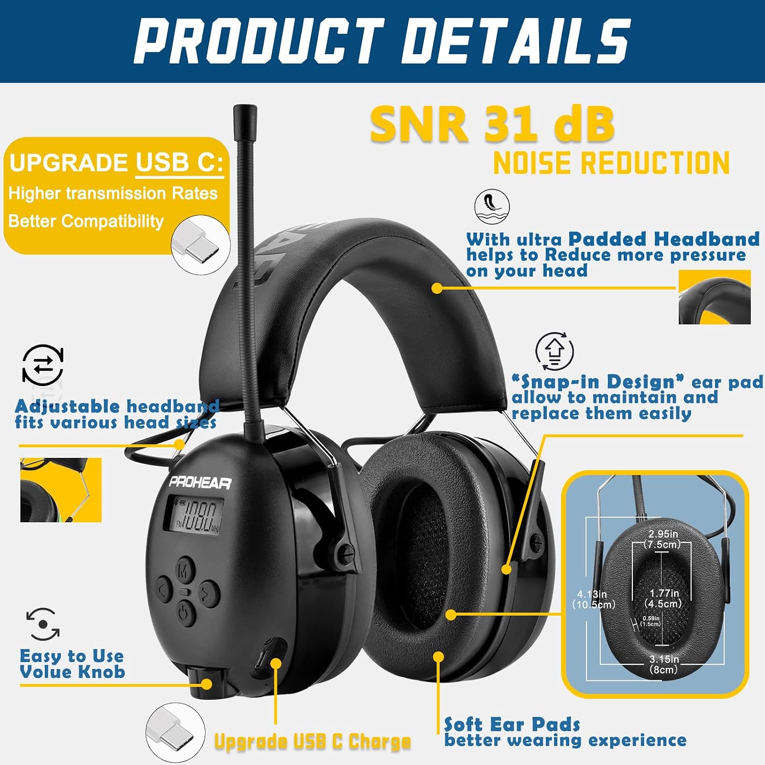 PROHEAR 033 AM FM Bluetooth 5.4 Radio Headphones - USB C Rechargeable 1500mAh Battery - Radio Headset Hearing Protection 31dB SNR - 58Hrs Playtime - Ear Protector for Mowing Lawn, Gifts for Father