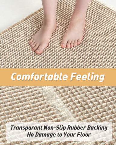 AMOAMI Upgraded Waffle Runner Rug Super Absorbent Non Slip Bath Mats for Bathroom Machine Washable Bathroom Runner Rug with Tassels, Ideal for Hallway Bedroom Laundry Room, 2' x 4', Brown & Cream