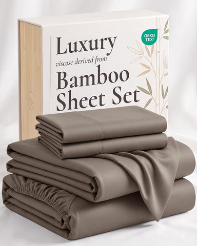 Hotel Sheets Direct 4 Piece Bed Sheet Set Queen Size, 100% Viscose Derived from Bamboo Sheets Set with 2 Pillowcases, Cooling & Breathable Luxury Bedding, Moisture-Wicking & Silky Soft Texture, Sand