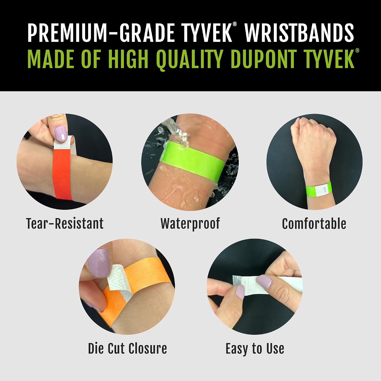 600 WristCo Black Tyvek Wristbands for Events - Tamper-Proof Design