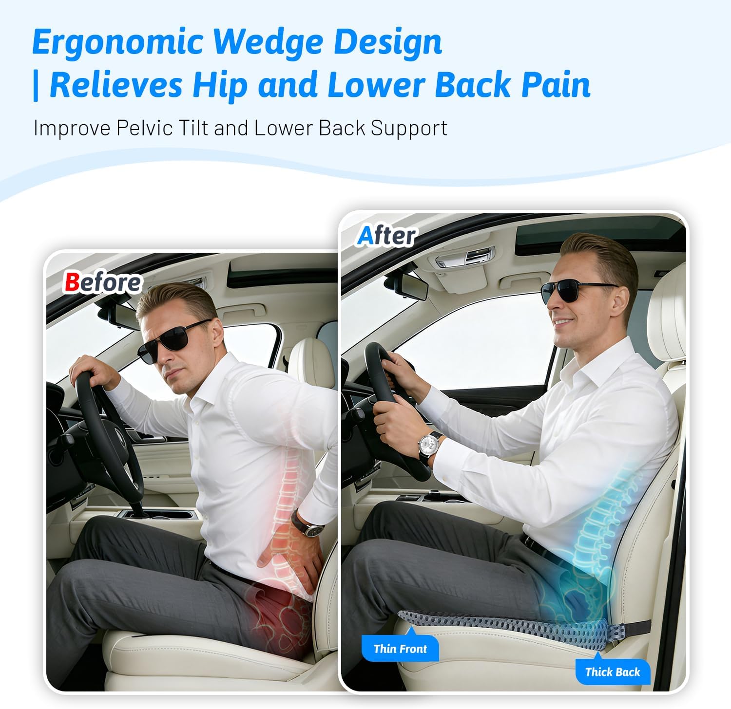 Wedge Car Seat Cushion for Better Visibility & Sciatica Pain Relief