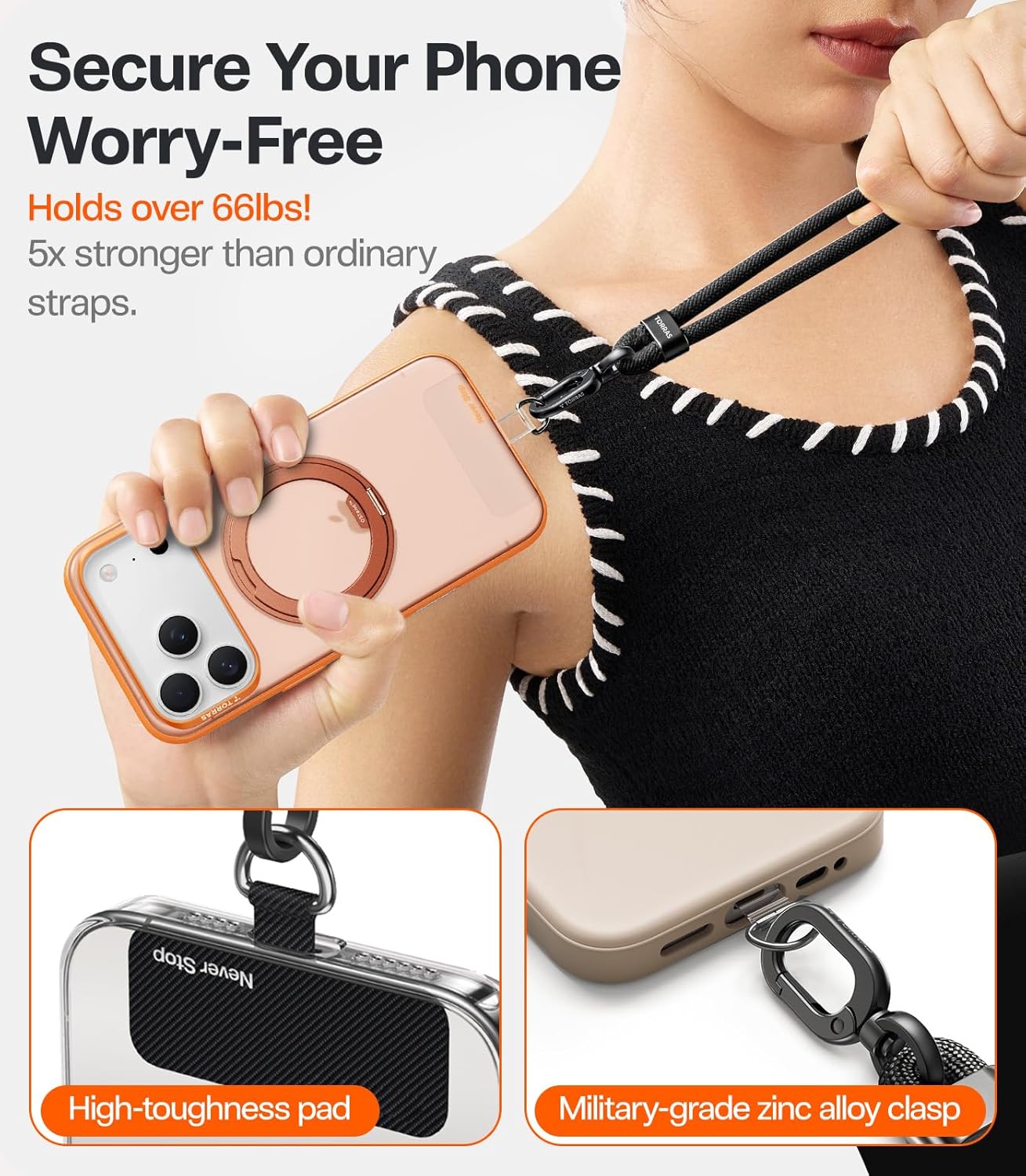 TORRAS Phone Lanyard Crossbody, Adjustable Anti-Theft Neck Strap, Black