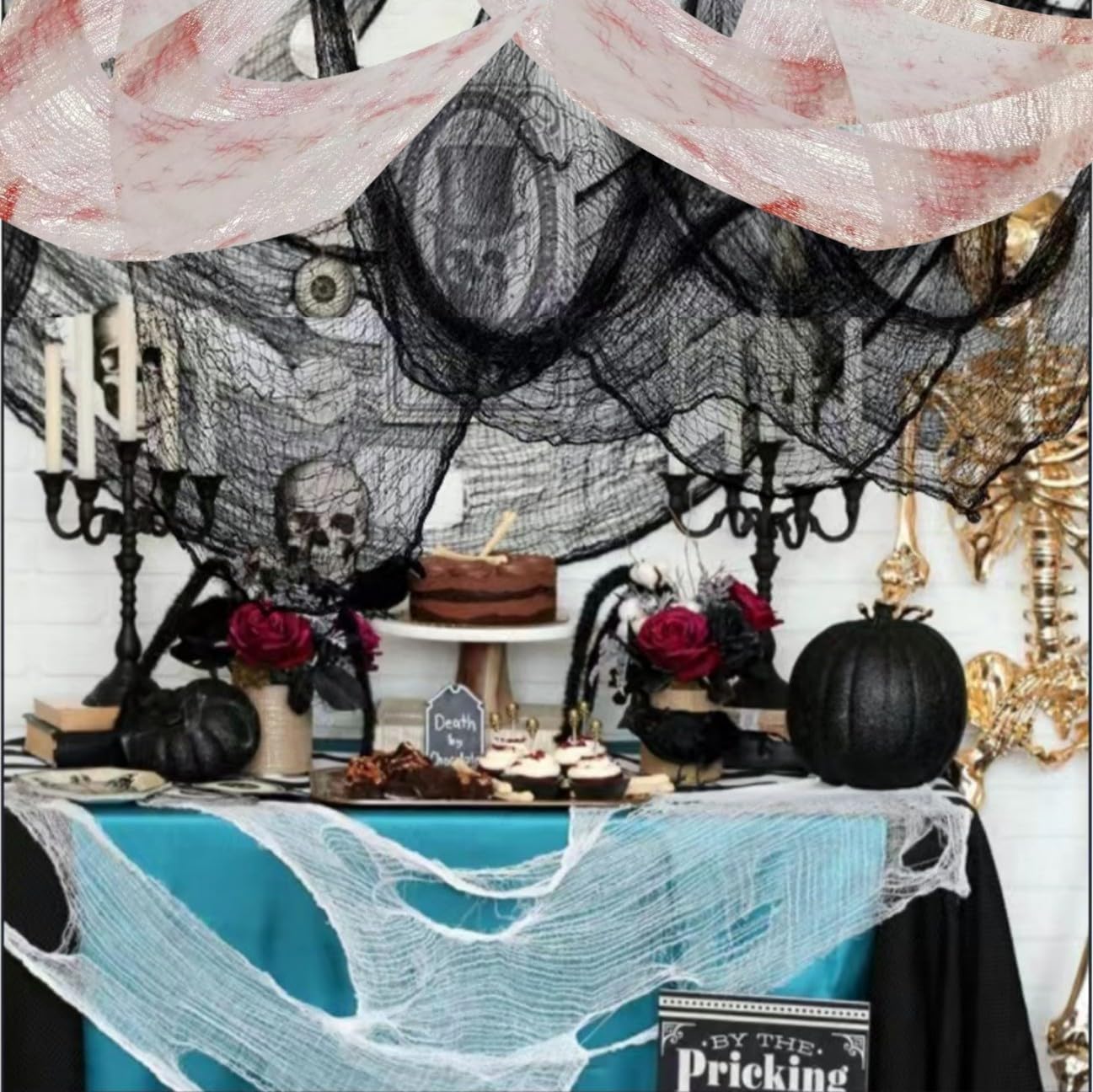 Sunlisky Halloween Creepy Cloth 8 Pack(3 Black, 3 White, 2 Red), 76x30in Cotton Gauze Fabric, Spider Web, Black Cheesecloth, Spooky Home Decor, Halloween Decorations Indoor Outdoor Party Haunted House