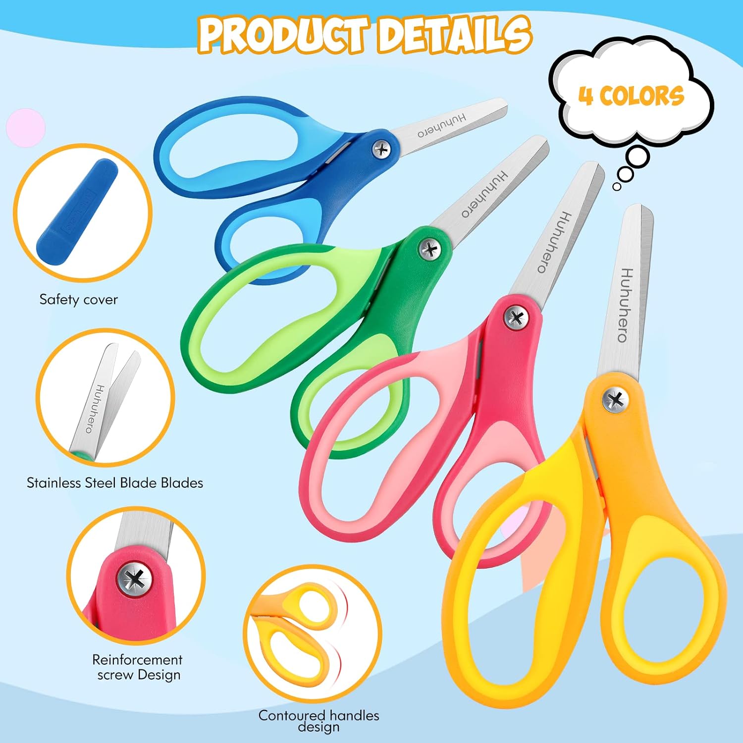 Huhuhero 5" Kids Scissors, Small Safety Toddler Blunt Tip Scissors, 4 Pack