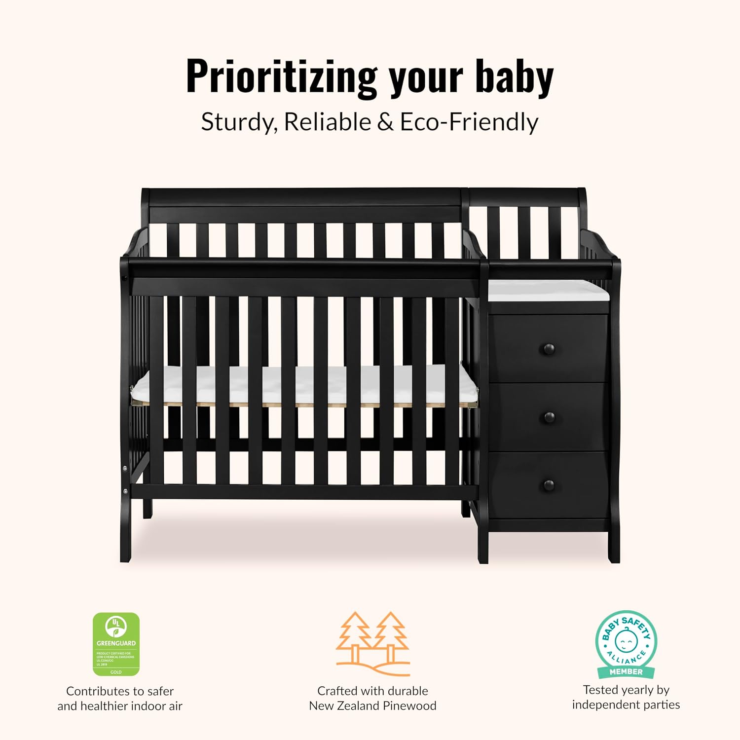 Dream On Me Jayden 4-in-1 Convertible Mini Baby Crib with 3 Drawer Changer