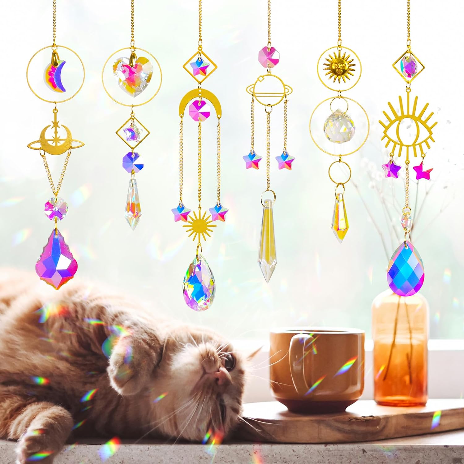 Sun Catchers 6Pieces Colorful Crystals Suncatcher with Chain Pendant