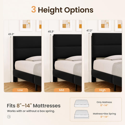 GRUSIGN Queen Size Platform Bed Frame with Velvet Headboard, Adjustable Height Wooden Slats Support, Upholstered Mattress Foundation, Fits Mattress or Mattress with Box Spring, Easy Assembly, Black