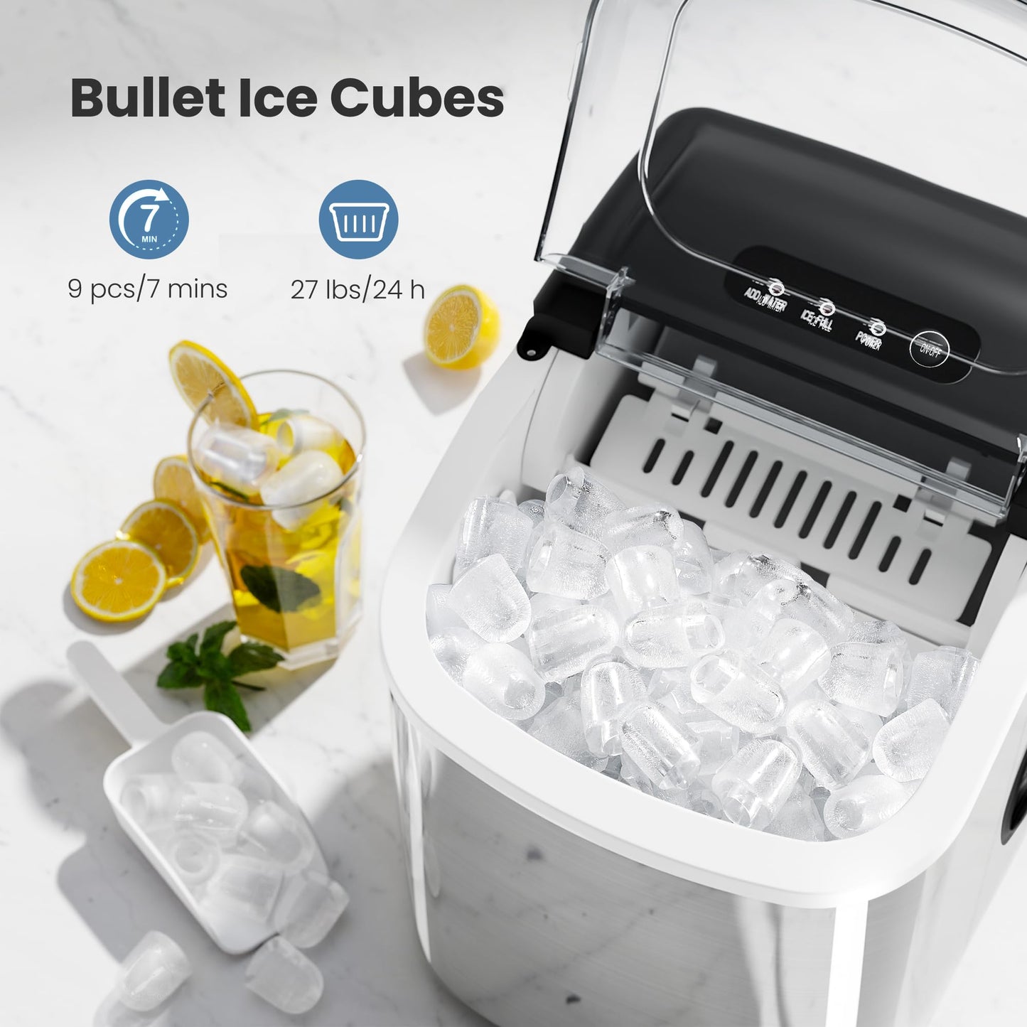 Portable Ice Maker Machine with Handle, 27lbs/24Hrs, 6Mins/9 Ice Cubes, Self-Cleaning with Basket/Scoop, Countertop Ice Makers for Home/Kitchen/Office(Stainless steesl)