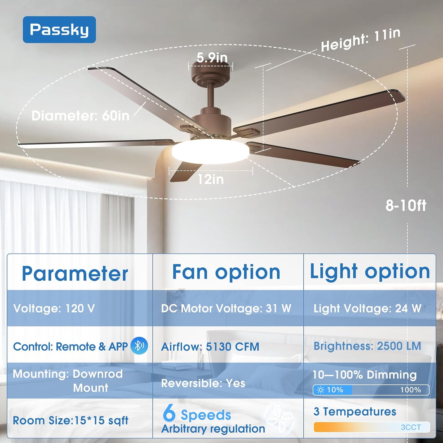 Passky 60 Inch Brown Sleek Ceiling Fans with Lights, Remote Control
