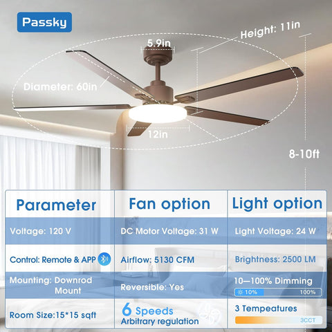 Passky 60 Inch Brown Sleek Ceiling Fans with Lights, Remote Control