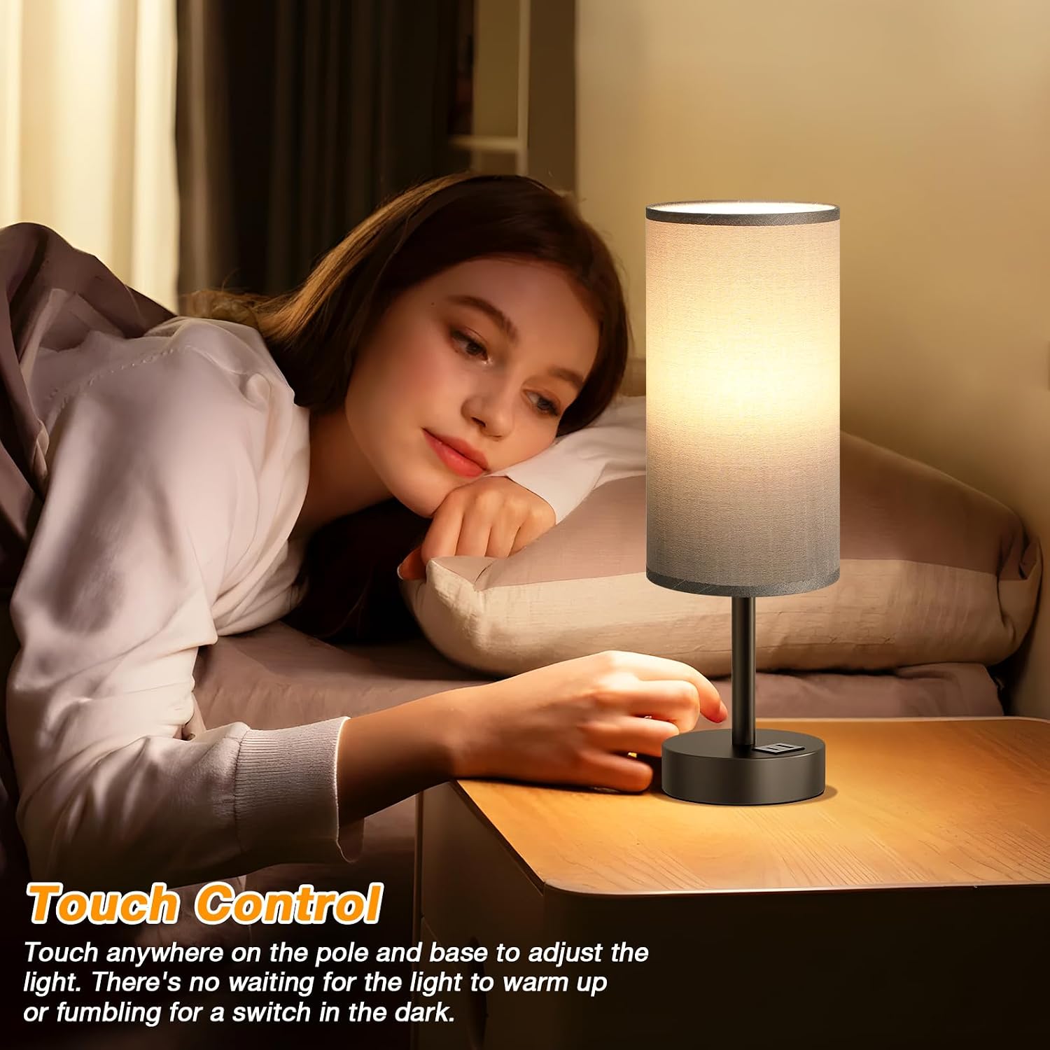 Dicoool Bedside Table Lamp for Bedroom - 3-Way Dimmable Touch Lamp, USB A+C